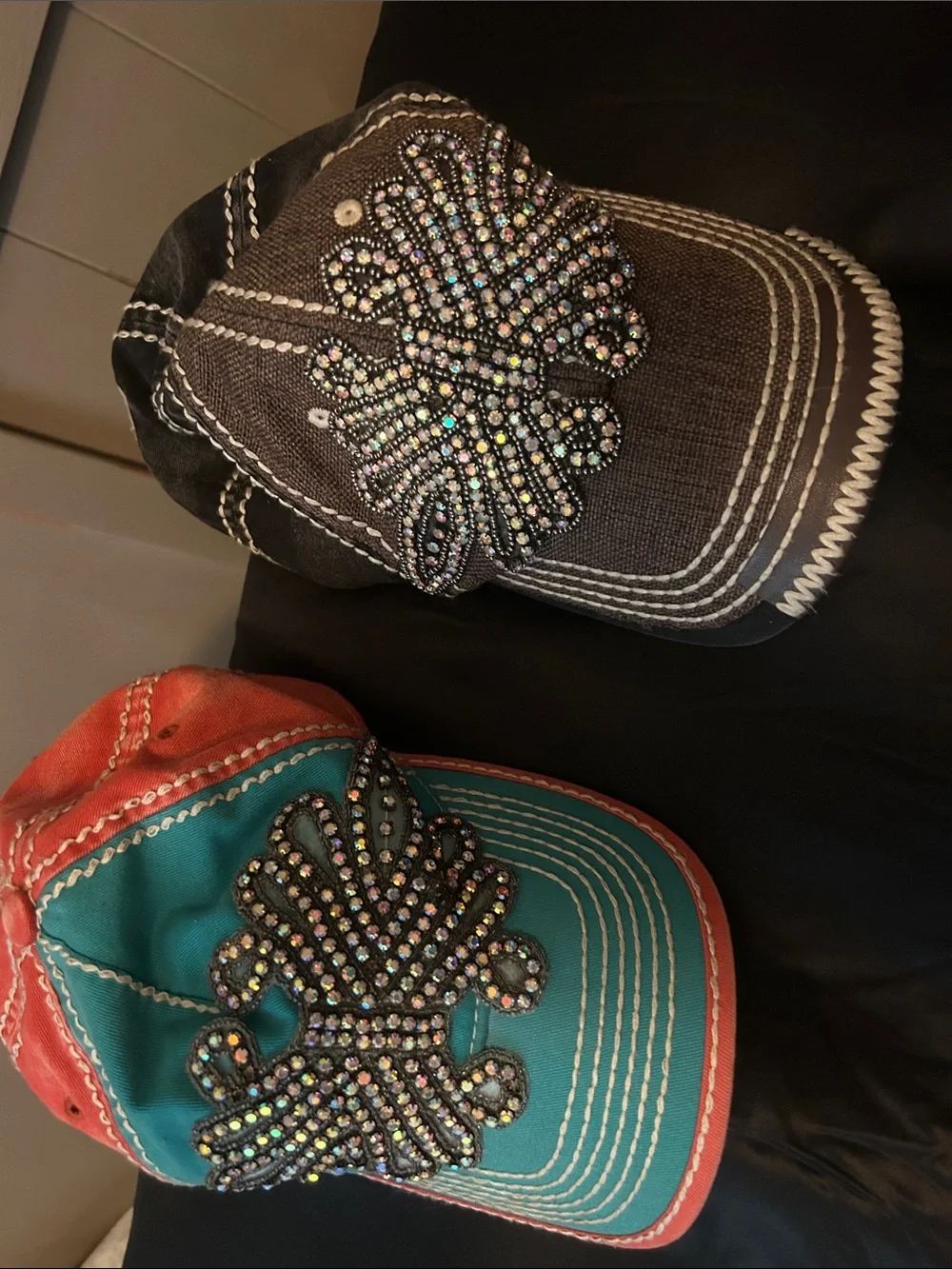 Rhinestone Embellished Two-Tone Women’s Baseball Cap - Teal/Coral & Black - Picture 1 of 2